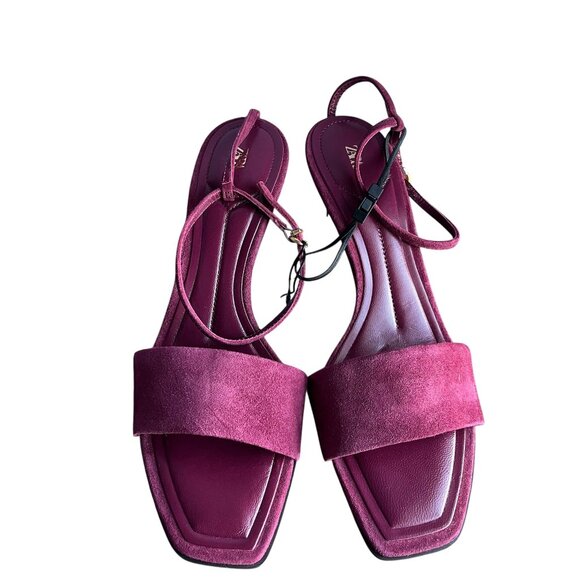 Zara Burgundy Red Suede Mid-Heel Sandals | Size 10 | Square Toe NWT Chic Trendy - Picture 3 of 9